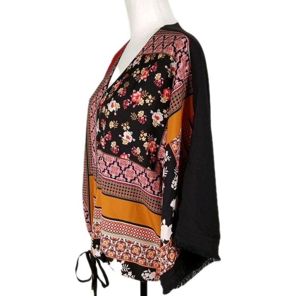 CHICOS 2 Kimono Sleeve Patchwork Zip Front Blouse Sz  L Geometric Floral Boho - Picture 3 of 12